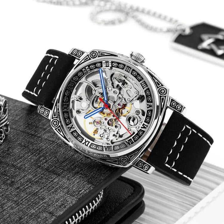 SKMEI 9271 Stainless Steel Buckle Leather Strap Waterproof Mechanical Watch