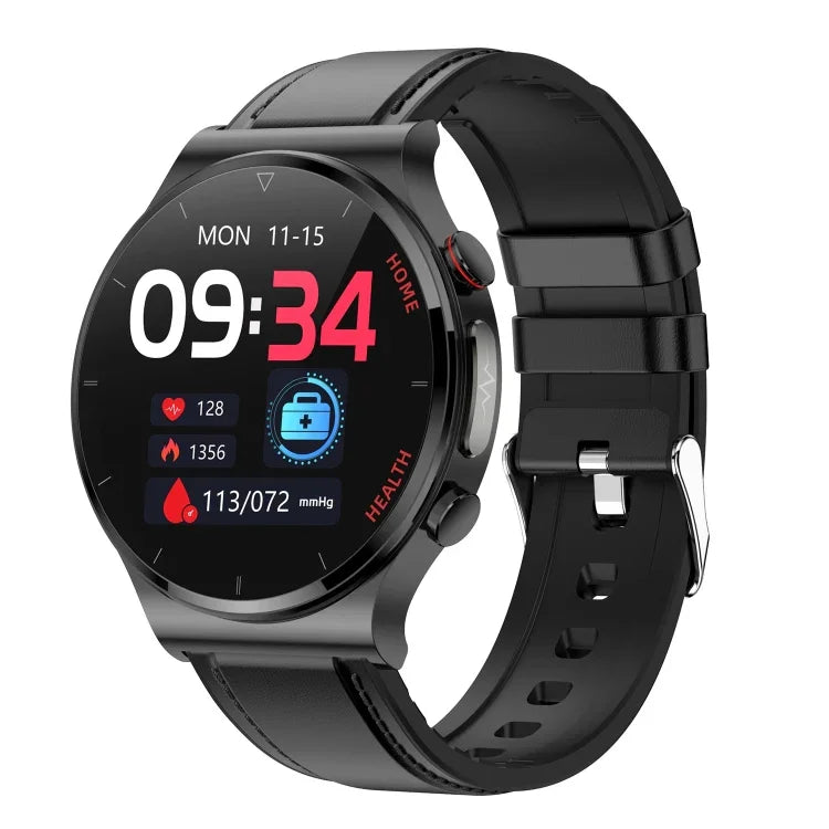 Montre connectée E300 avec écran de 1,32 pouce, bracelet en cuir, surveillance de la température corporelle, ECG et pression artérielle.