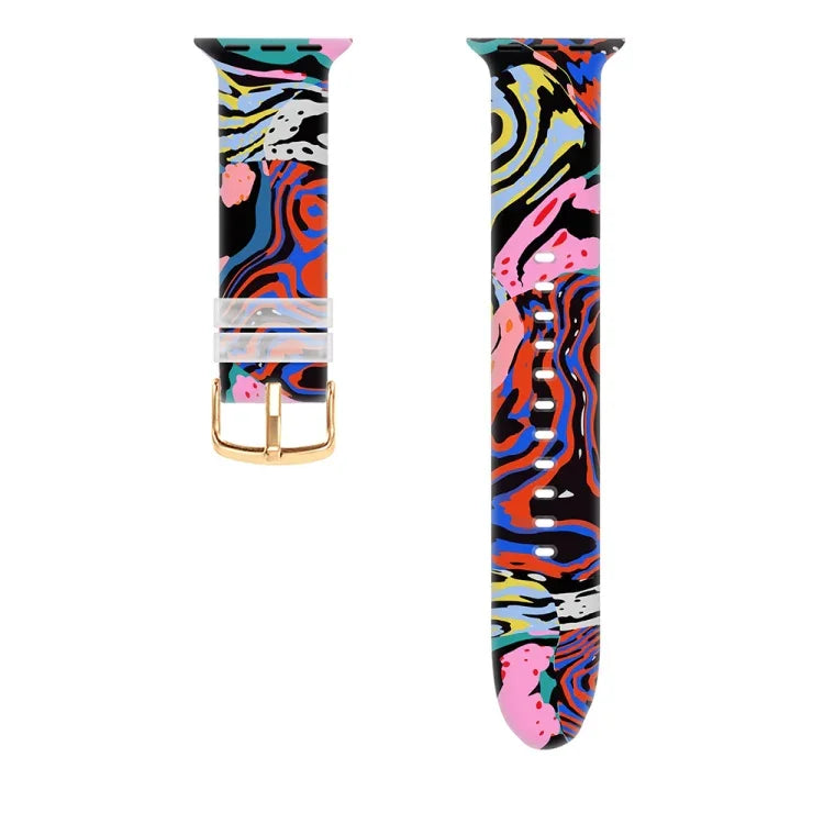 Bracelet de montre à boucle carrée et impression couleur pour Apple Watch Series, 7 45mm / 6&SE&5&4 44mm / 3&2&1 42mm, 7 41mm / 6&SE&5&4 40mm / 3&2&1 38mm