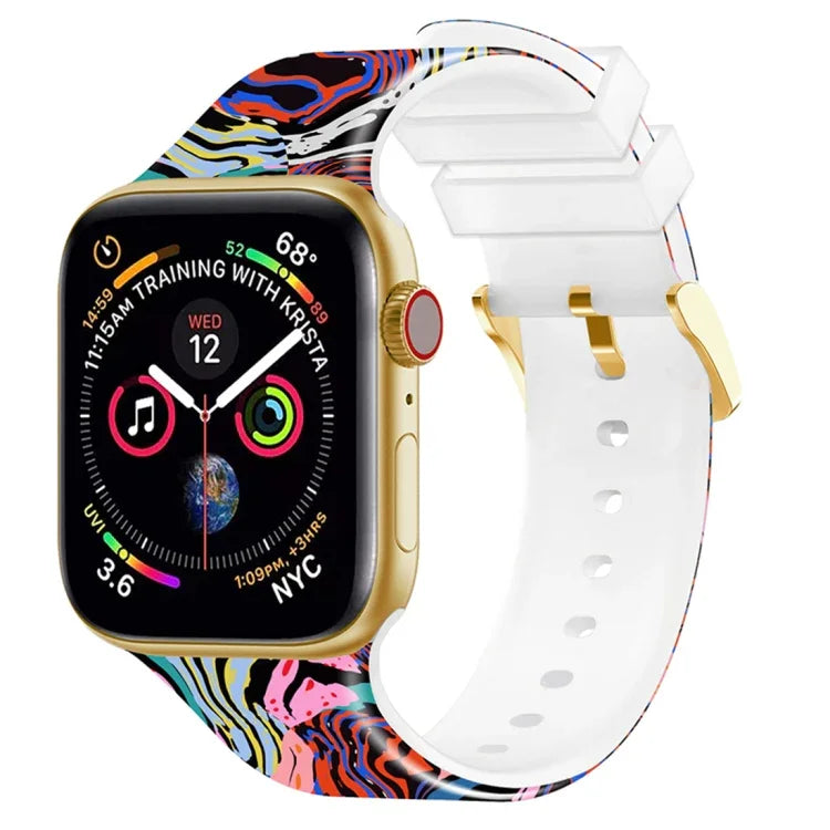 Bracelet de montre à boucle carrée et impression couleur pour Apple Watch Series, 7 45mm / 6&SE&5&4 44mm / 3&2&1 42mm, 7 41mm / 6&SE&5&4 40mm / 3&2&1 38mm