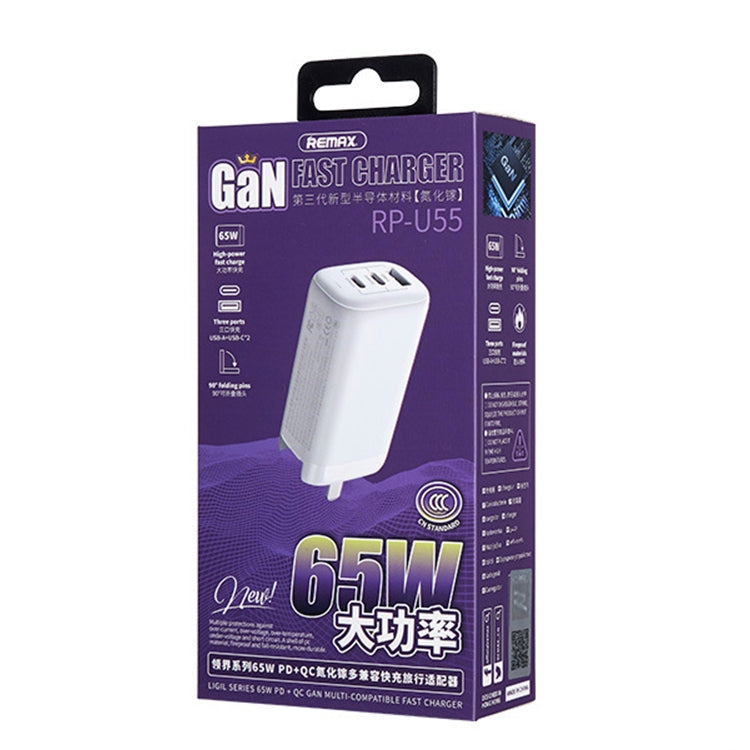 Chargeur rapide REMAX RP-U55 Territory Series 65W USB + double interface USB-C / Type-C, prise CN