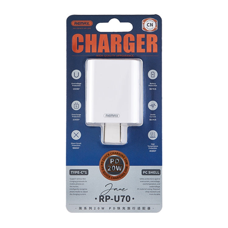 Chargeur rapide REMAX RP-U70 Jane Series 20W USB-C/Type-C PD, prise CN, prise UK, prise US