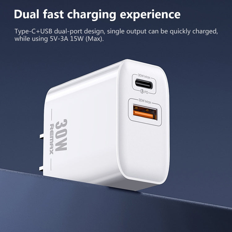 Chargeur rapide REMAX RP-U82 30W double interface USB + USB-C/Type-C, prise CN, prise UK, prise US