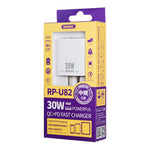 Chargeur rapide REMAX RP-U82 30W double interface USB + USB-C/Type-C, prise CN, prise UK, prise US