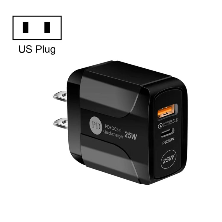 Chargeur de voyage 25W PD Type-C + ports USB QC3.0, prise US, prise EU