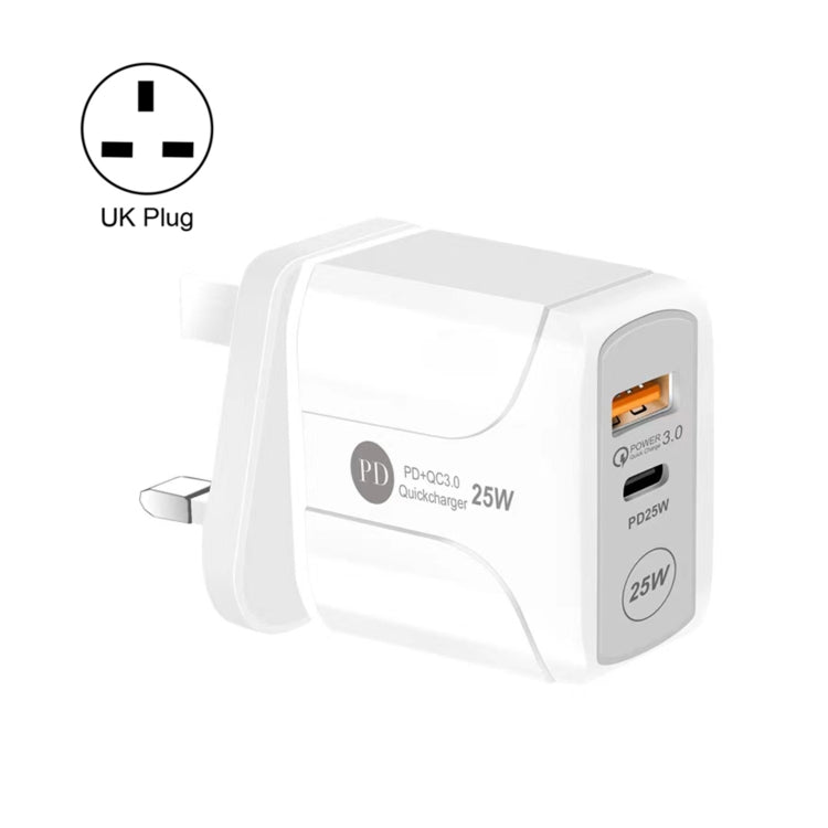 Chargeur de voyage 25W PD Type-C + ports USB QC3.0, prise UK