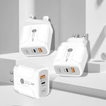 Chargeur de voyage 25W PD Type-C + ports USB QC3.0, prise UK