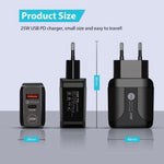 Chargeur de voyage 25W PD Type-C + ports USB QC3.0, prise UK