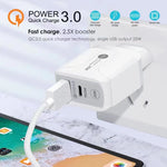 Chargeur de voyage 25W PD Type-C + ports USB QC3.0, prise UK