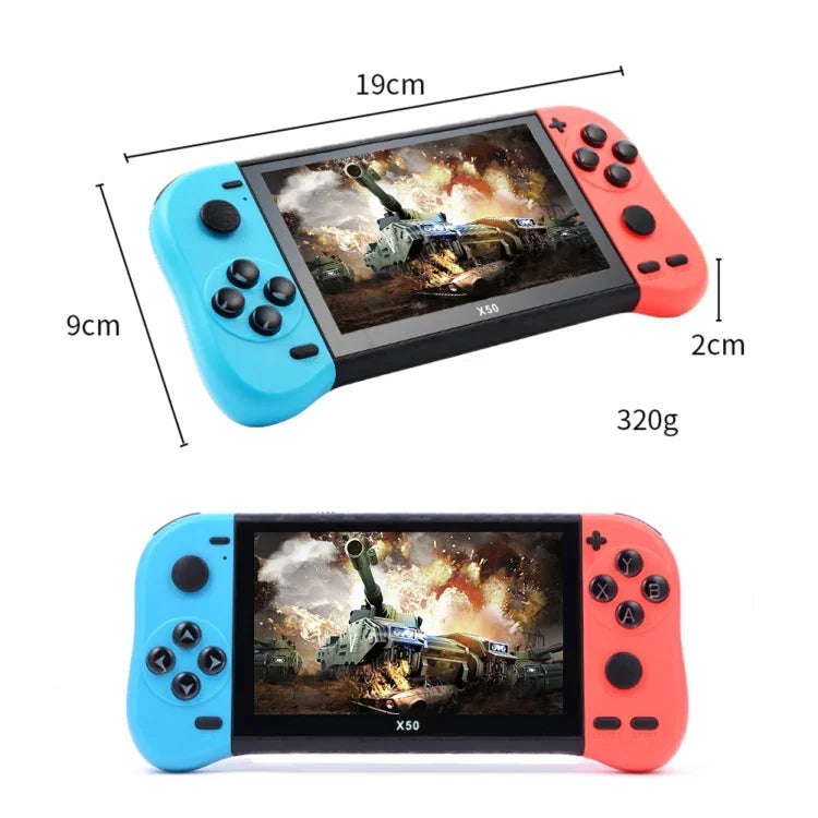 Console de jeux rétro portable X50 avec écran 5,1 pouces, 8 Go de mémoire et plus de 6 000 jeux. Disponible en noir et rouge/bleu.
