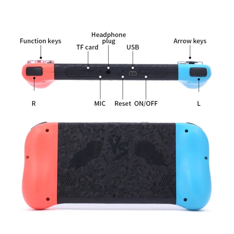 Console de jeux rétro portable X50 avec écran 5,1 pouces, 8 Go de mémoire et plus de 6 000 jeux. Disponible en noir et rouge/bleu.
