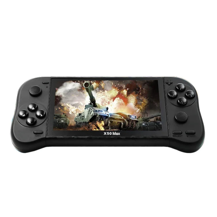 Console de jeux portable X50 Max avec écran de 5,1 pouces pour deux joueurs et plus de 6 000 jeux. Disponible en noir et rouge/bleu.