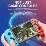 Console de jeux portable X50 Max avec écran de 5,1 pouces pour deux joueurs et plus de 6 000 jeux. Disponible en noir et rouge/bleu.