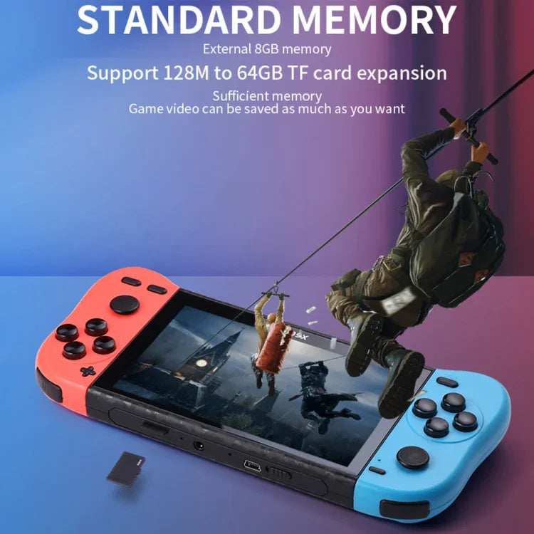 Console de jeux portable X50 Max avec écran de 5,1 pouces pour deux joueurs et plus de 6 000 jeux. Disponible en noir et rouge/bleu.
