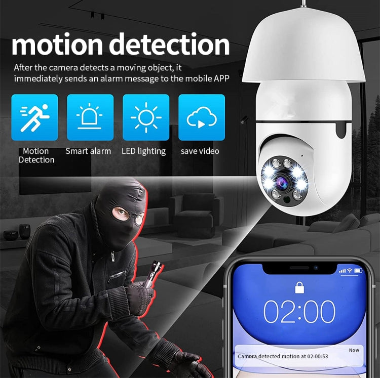 Ampoule caméra WiFi A6 2MP HD, avec détection de mouvement/audio bidirectionnel/vision nocturne/carte TF, et carte mémoire 16 Go incluse