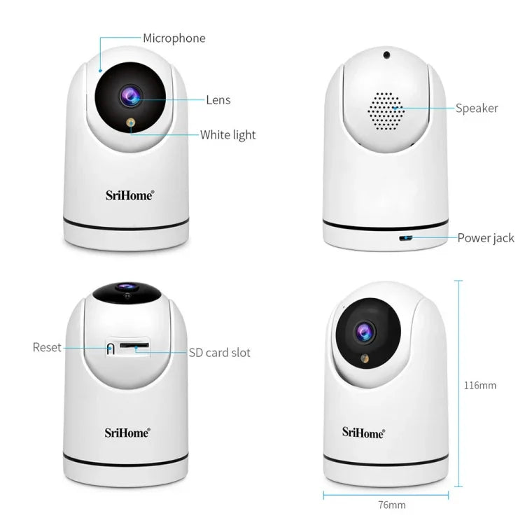 Caméra de surveillance Wi-Fi PTZ SriHome SH042 2.0MP 1080P HD AI, SH042