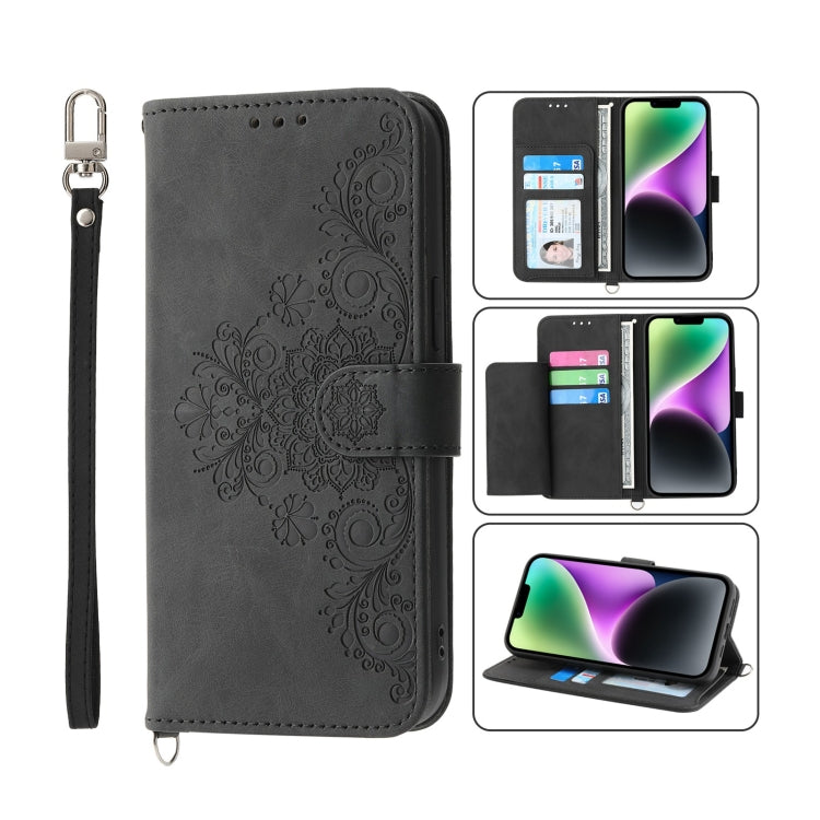 Skin-feel Flowers Embossed Wallet Leather Phone Case, For iPhone 14, For iPhone 14 Plus, For iPhone 14 Pro, For iPhone 14 Pro Max