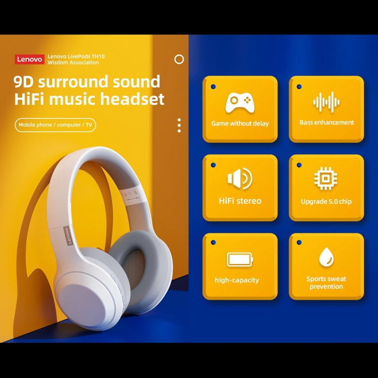 Casque de jeu Bluetooth sans fil Lenovo TH10 Bass Music Sports avec réduction de bruit, TH10 blanc, TH10 noir
