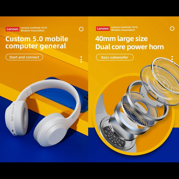 Casque de jeu Bluetooth sans fil Lenovo TH10 Bass Music Sports avec réduction de bruit, TH10 blanc, TH10 noir