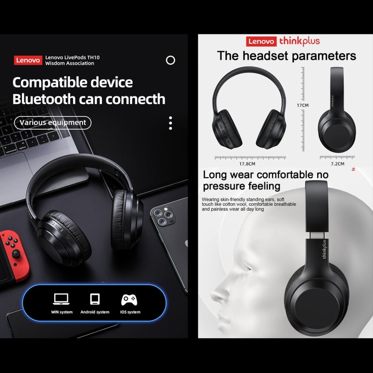 Casque de jeu Bluetooth sans fil Lenovo TH10 Bass Music Sports avec réduction de bruit, TH10 blanc, TH10 noir