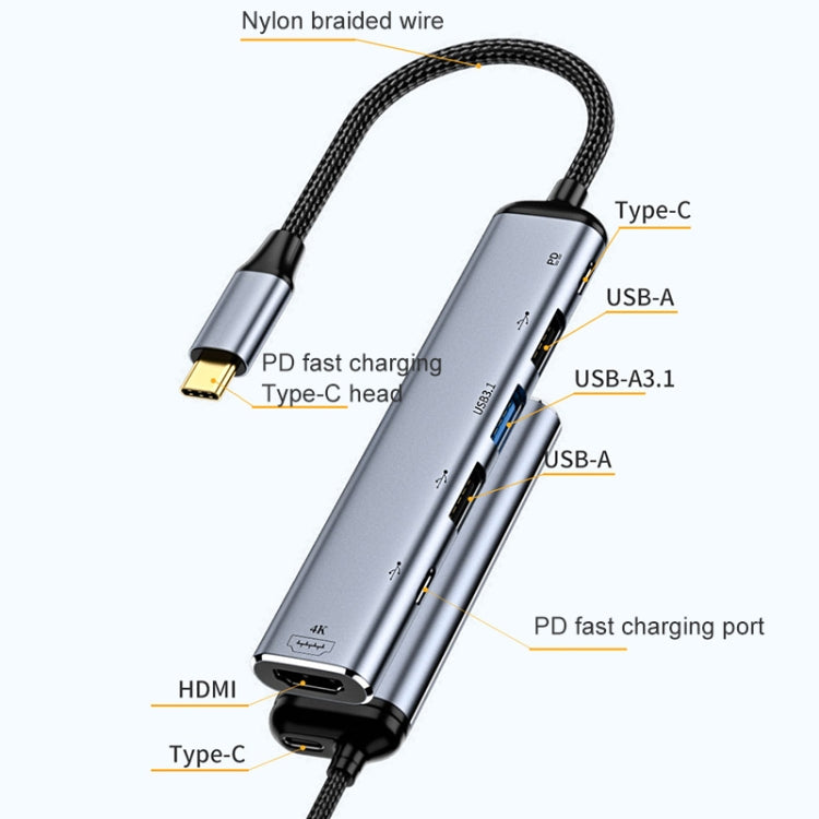 Adaptateur multifonction 6 en 1 USB-C/Type-C vers HDMI+USB 3.1+Double USB 2.0+Double USB-C/Type-C, Y004