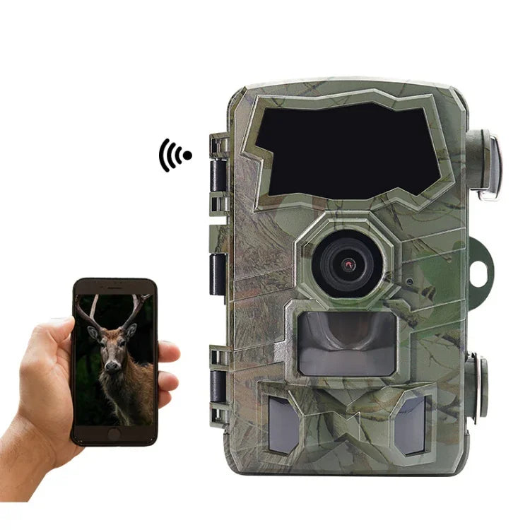H888WIFI 4K hunting trail camera with WiFi shown with smartphone connection for wildlife monitoring.