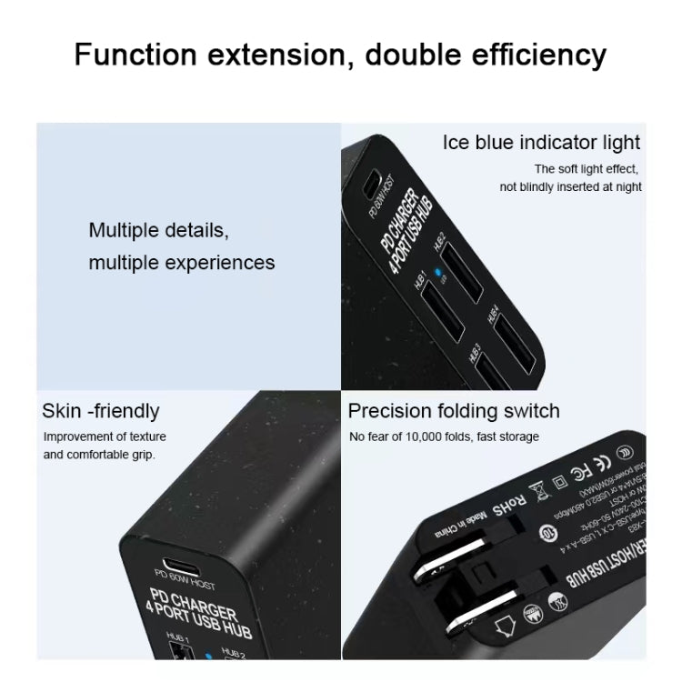 Chargeur PD X83 65W avec sortie USB-C / Type-C + 4 ports USB HUB, prise US, X83