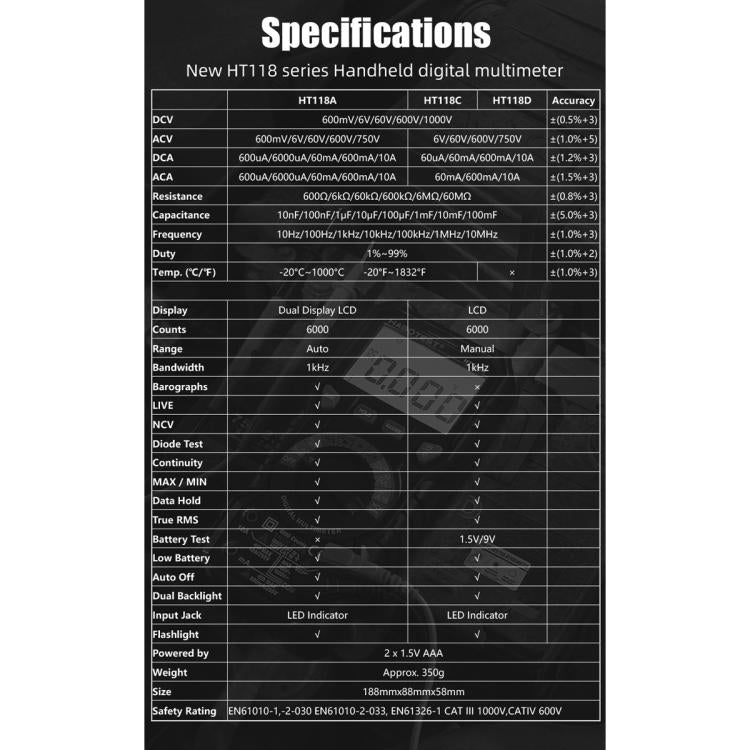 Multimètre numérique manuel portable haute précision HABOTEST HT118D, HT118D