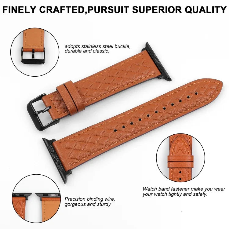 Bracelet de montre en cuir véritable motif losanges pour Apple Watch Series 8&7 41mm / SE 2&6&SE&5&4 40mm / 3&2&1 38mm, pour Apple Watch Series 8&7 41mm / SE 2&6&SE&5&4 40mm / 3&2&1 38mm