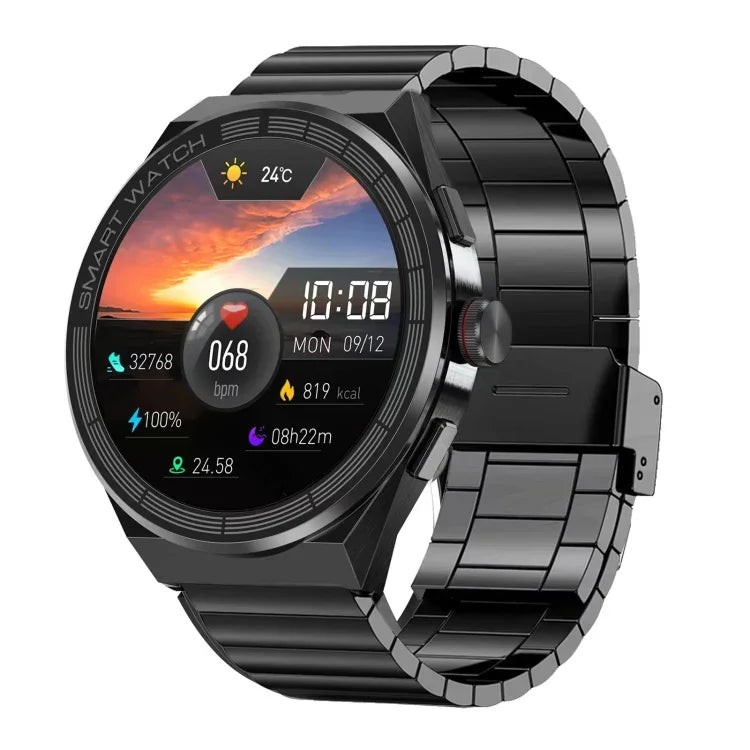BM01 Montre connectée 1,45 pouce en acier étanche IP68, prise en charge des appels Bluetooth / NFC, bracelet en acier (noir), bracelet en acier (argent)