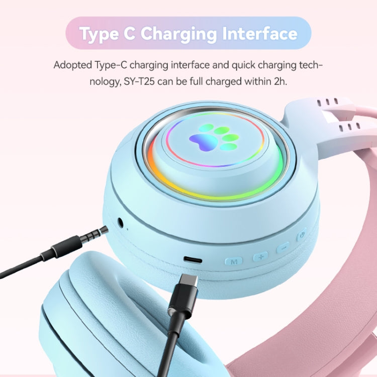 Casque sans fil Bluetooth stéréo T25 RGB avec oreilles de chat et microphone détachable