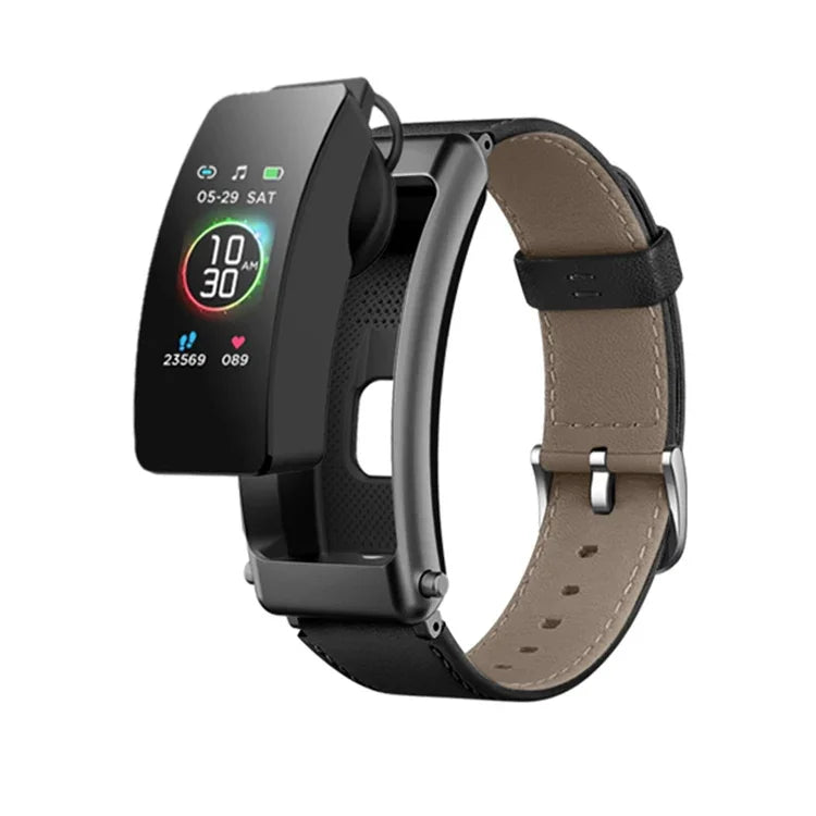 K50+ Montre intelligente étanche avec bracelet en cuir de 0,96 pouce, écouteurs détachables, compatible avec les appels Bluetooth, bracelet en cuir (noir)