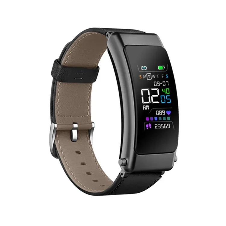 K50+ Montre intelligente étanche avec bracelet en cuir de 0,96 pouce, écouteurs détachables, compatible avec les appels Bluetooth, bracelet en cuir (noir)