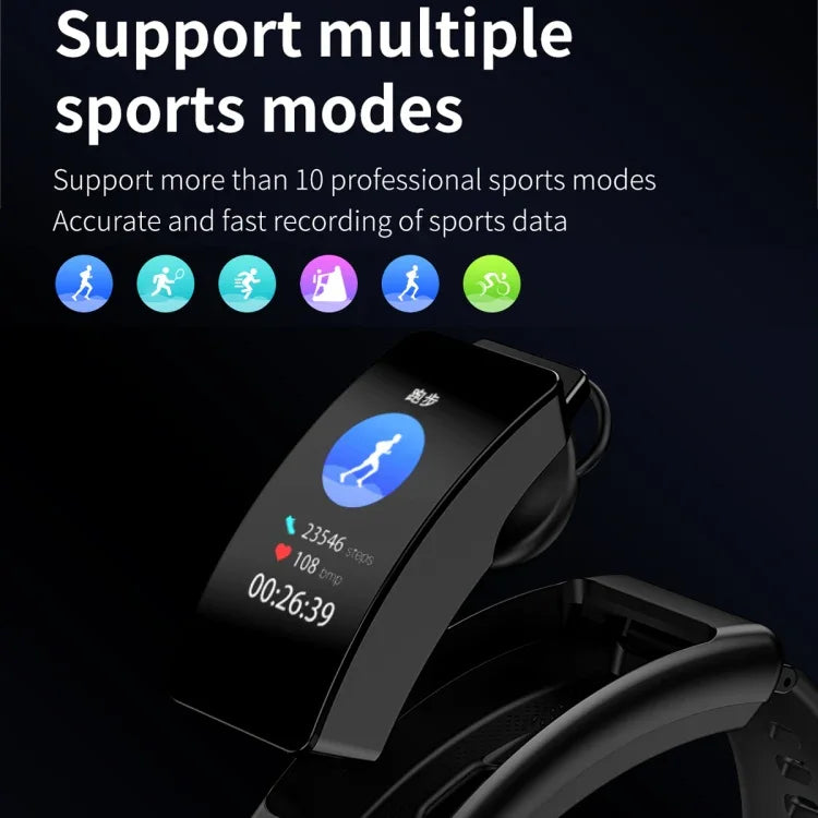 K50 Montre intelligente étanche IP67 avec écouteurs, bracelet en silicone 1,08 pouce, prise en charge des appels Bluetooth, bracelet en silicone (noir), bracelet en silicone (noir argent)