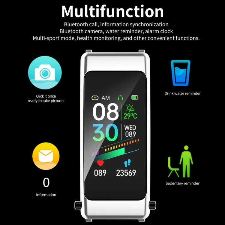 K50 Montre intelligente étanche IP67 avec écouteurs, bracelet en silicone 1,08 pouce, prise en charge des appels Bluetooth, bracelet en silicone (noir), bracelet en silicone (noir argent)