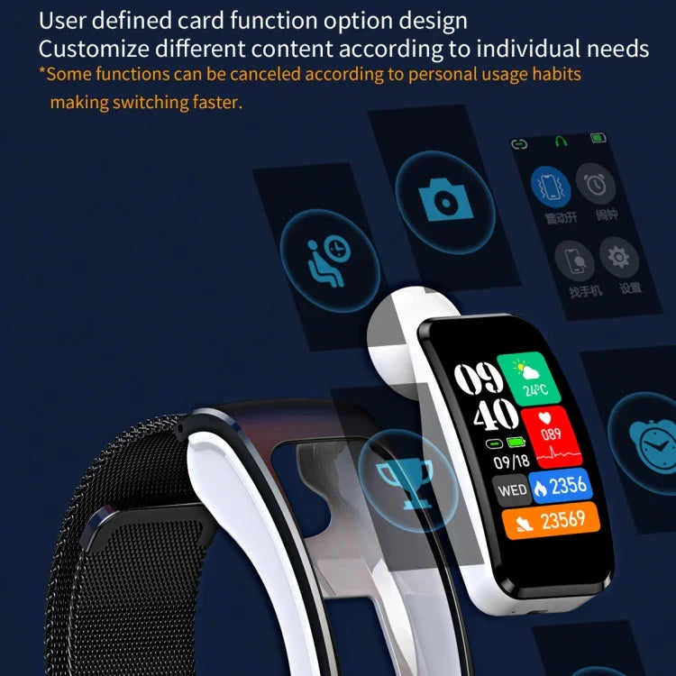 Montre Intelligente K60 1,08 pouce avec Bande en Acier, Écouteurs Détachables, Étanche à Vie, Support Appel Bluetooth, Bande en Acier (Noir)