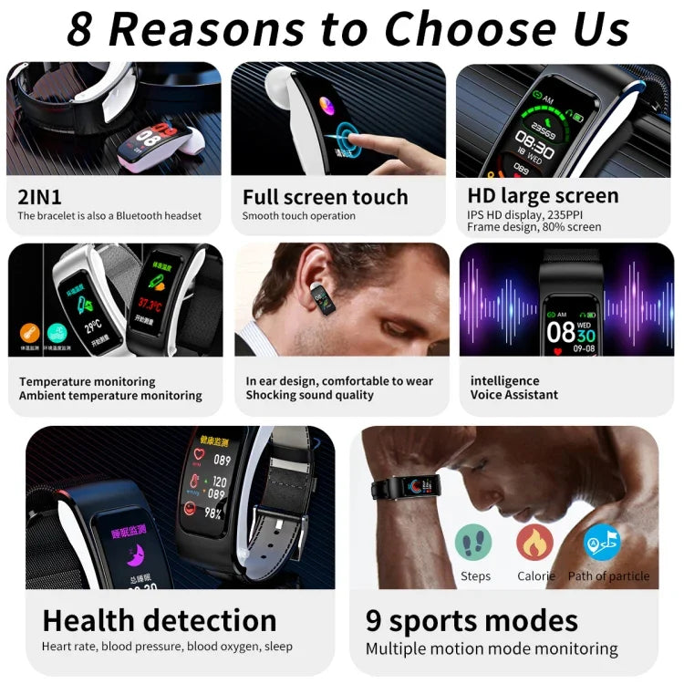 Montre Intelligente K60 1,08 pouce avec Bande en Acier, Écouteurs Détachables, Étanche à Vie, Support Appel Bluetooth, Bande en Acier (Noir)