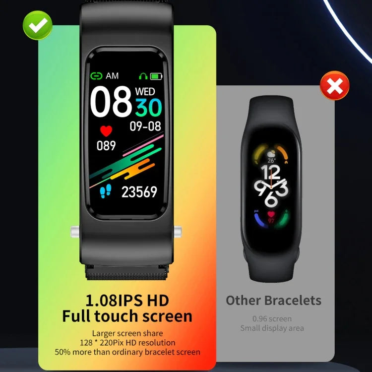 Montre Intelligente K60 1,08 pouce avec Bande en Acier, Écouteurs Détachables, Étanche à Vie, Support Appel Bluetooth, Bande en Acier (Noir)