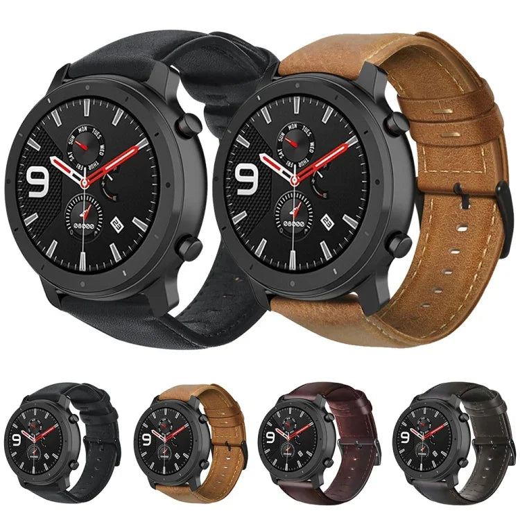 Bracelet de montre en cuir véritable ciré à l'huile, pour Amazfit GTR 47mm / Pace / Stratos, pour Amazfit 2 Stratos, pour Ticwatch Pro / E2 / S2, pour Pebble Gen 1, pour Pebble Time