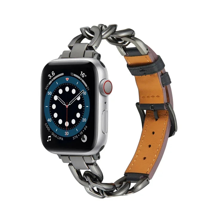 Bracelet de montre Chaîne + Cuir, Pour Apple Watch Ultra 49mm / Series 8&7 45mm / SE 2&6&SE&5&4 44mm / 3&2&1 42mm, Pour Apple Watch Series 8&7 41mm / SE 2&6&SE&5&4 40mm / 3&2&1 38mm