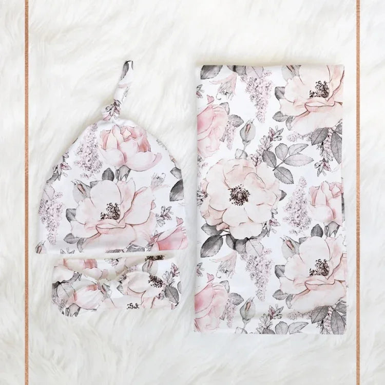Ensemble de 3 pièces pour bébé : Écharpe d'emmaillotage, bonnet et bandeau