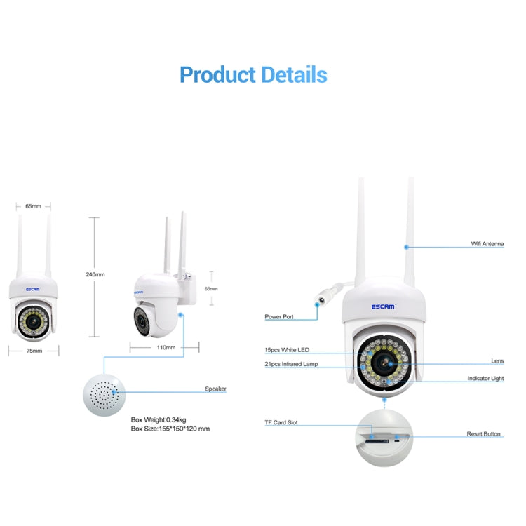 ESCAM PVR007 Caméra IP WiFi intelligente 3MP HD avec vision nocturne en couleur / détection de mouvement / alarme sonore / carte TF, PVR007
