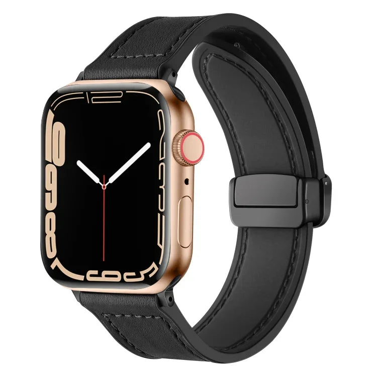 Bracelet de montre magnétique pliable en cuir de silicone pour Apple Watch Ultra 49 mm / Series 8 et 7 45 mm / SE 2 et 6 et SE et 5 et 4 44 mm / 3 et 2 et 1 42 mm, pour Apple Watch Ultra 49 mm