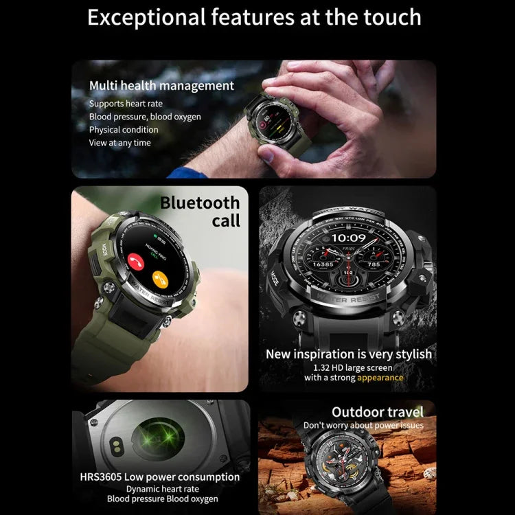 Montre connectée de sport outdoor LC16 de 1,32 pouce, étanche IP68, compatible avec les appels Bluetooth et le suivi de la fréquence cardiaque.