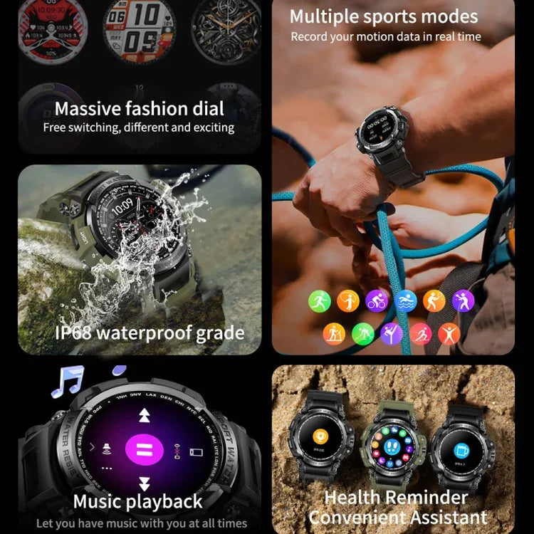 Montre connectée de sport outdoor LC16 de 1,32 pouce, étanche IP68, compatible avec les appels Bluetooth et le suivi de la fréquence cardiaque.