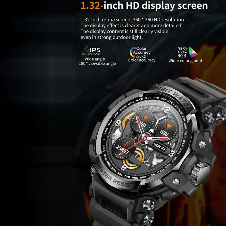 Montre connectée de sport outdoor LC16 de 1,32 pouce, étanche IP68, compatible avec les appels Bluetooth et le suivi de la fréquence cardiaque.