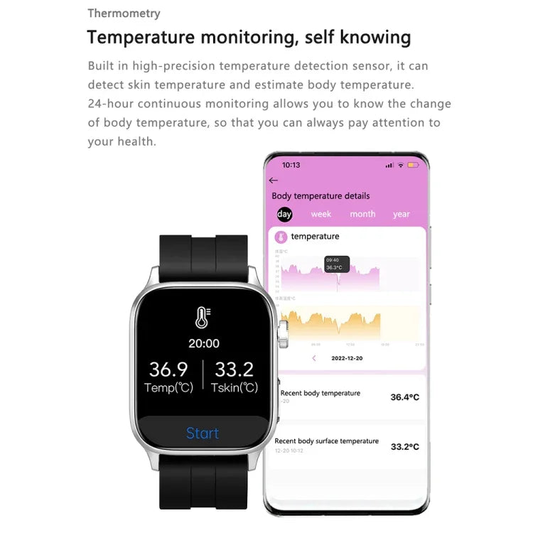 Montre connectée GT22 avec écran TFT de 1,85 pouce, bracelet en silicone, compatible avec les appels Bluetooth, mesure de l'oxygène sanguin, de la température corporelle, des arythmies et de la fréquence cardiaque.