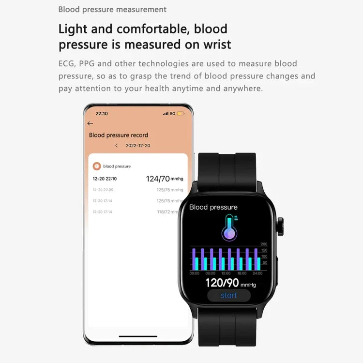 Montre connectée GT22 avec écran TFT de 1,85 pouce, bracelet en silicone, compatible avec les appels Bluetooth, mesure de l'oxygène sanguin, de la température corporelle, des arythmies et de la fréquence cardiaque.