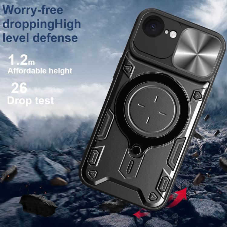 Coque de téléphone avec support magnétique coulissant à texture CD, pour iPhone 17e / 16e, pour iPhone 17 Pro Max, pour iPhone 17 Pro, pour iPhone 17, pour iPhone Air, pour iPhone 16 Pro Max, pour iPhone 16 Pro, pour iPhone 16 Plus
