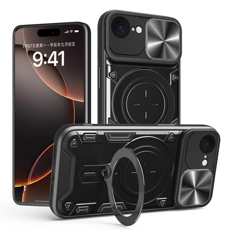 Coque de téléphone avec support magnétique coulissant à texture CD, pour iPhone 17e / 16e, pour iPhone 17 Pro Max, pour iPhone 17 Pro, pour iPhone 17, pour iPhone Air, pour iPhone 16 Pro Max, pour iPhone 16 Pro, pour iPhone 16 Plus
